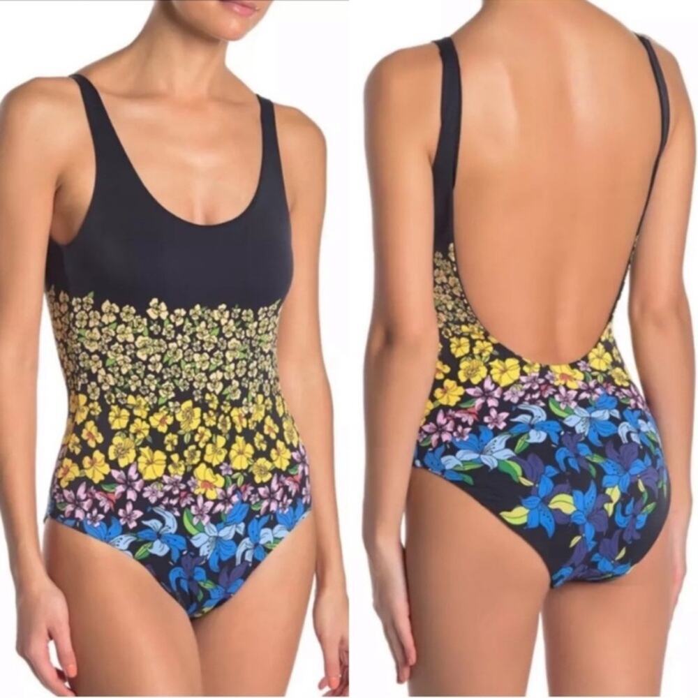 Onia Black Floral Scoop-Back One-Piece with Yellow & Blue Flowers